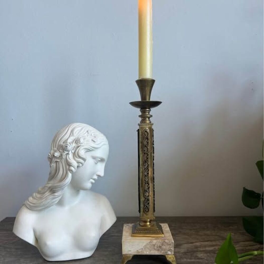 Vintage Ornate Brass and Marble Candle Holder